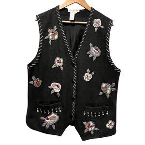 Together Vintage Wool Embroidered Button Vest, Pockets, Gray, XL